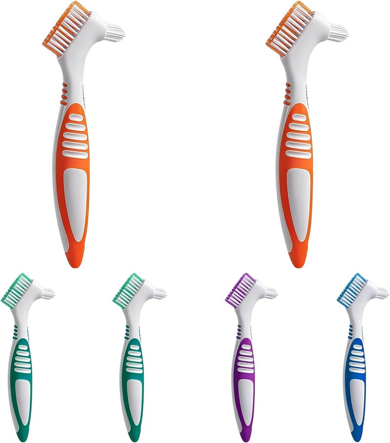 6 Pcs Multicolor Denture Cleaning Brush, Toothbrush for Dentures with Double Sided Brush Heads, Sturdy Bristles, Anti-Slip Grip, Individual Package, Travel & Home Use - Image 1