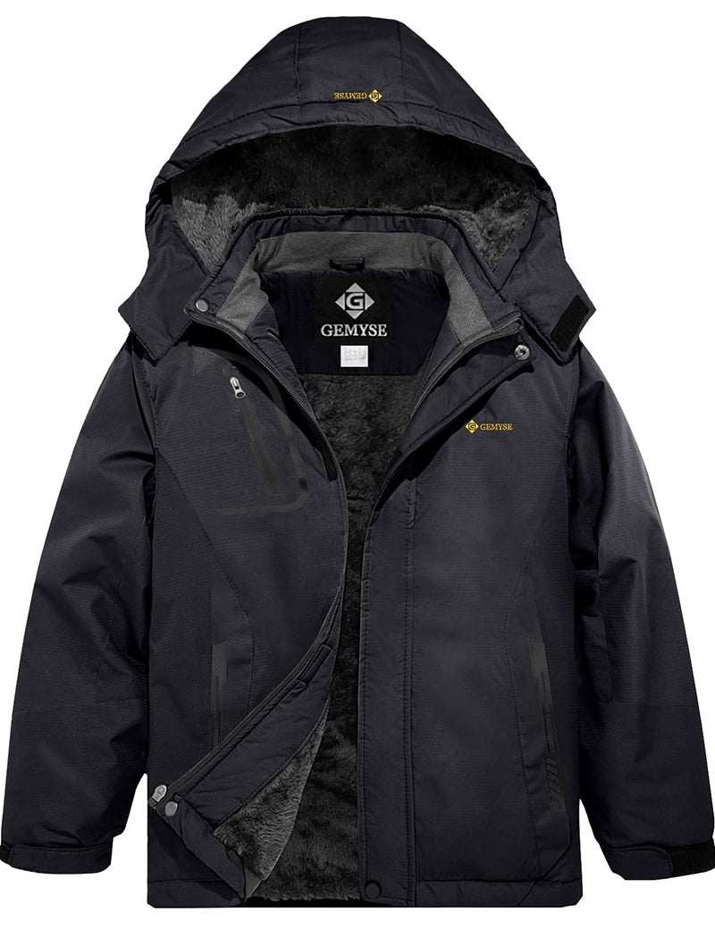 GEMYSE Boy's Waterproof Ski Snow Jacket Fleece Windproof Winter Jacket with Hood, Black, 14-16 - Image 1
