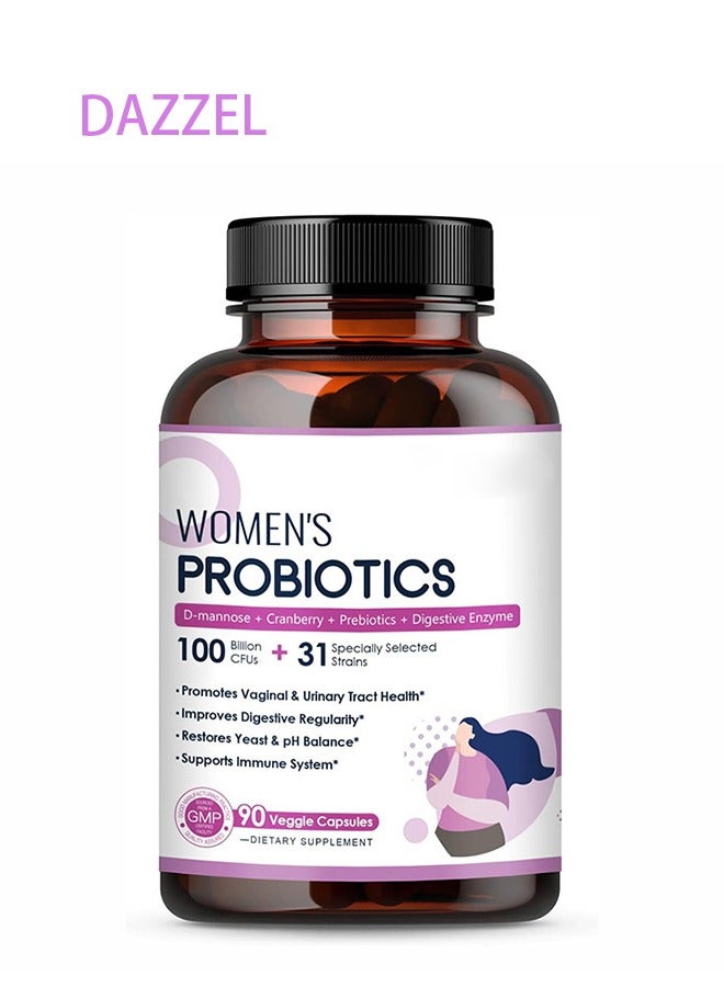 DAZZEL Women’s Probiotic, 90 Caps 100 Billion CFU 31 Strains, with Organic Prebiotics Cranberry, Shelf Stable, Delayed Release, No Soy Gluten Dairy  - Image 1