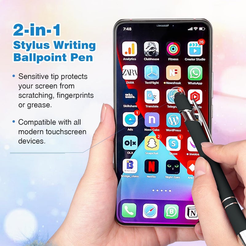 Bribobo 8 Pack Black Ballpoint Pen 2-in-1 Stylus - Retractable Metal Pen With Stylus Tip for Touch Screens, 1.0 mm Black Ink - Image 5
