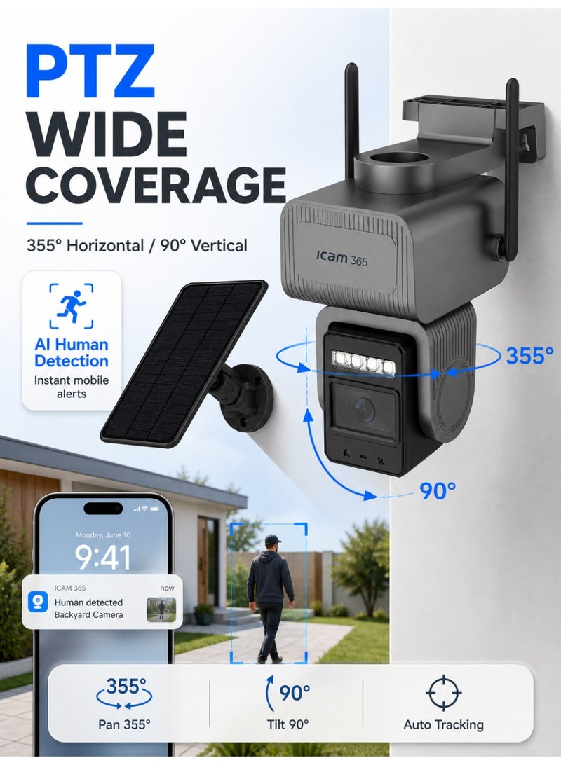ICAM 365 Solar 4G Security Camera with SIM Trial Pack, 5MP PTZ Outdoor CCTV, 355° Pan 90° Tilt, AI Human Detection, Night Vision, Two-Way Audio, Solar Powered Camera for Farm, Construction & Home - Image 3