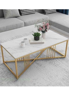 fan baytk Gold metal coffee table with marble-like wood - dimensions 110 cm x 60 cm x 50 cm - ideal for living rooms and lounges.  - Image 1