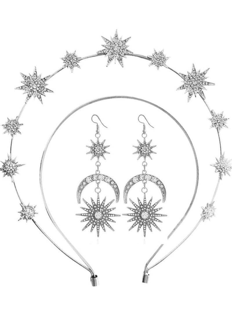 إسكدنيا Moon Stars Crown Halo Headband Crystal Tiaras and Crowns With Earrings for Women Bridal Wedding Prom Birthday Cosplay Hair Accessories for Women Girls (Silver) - Image 1