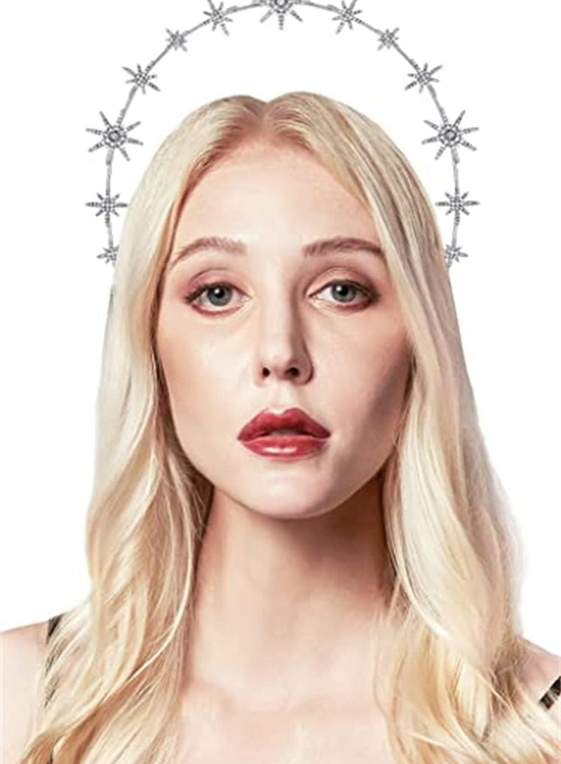 إسكدنيا Moon Stars Crown Halo Headband Crystal Tiaras and Crowns With Earrings for Women Bridal Wedding Prom Birthday Cosplay Hair Accessories for Women Girls (Silver) - Image 3