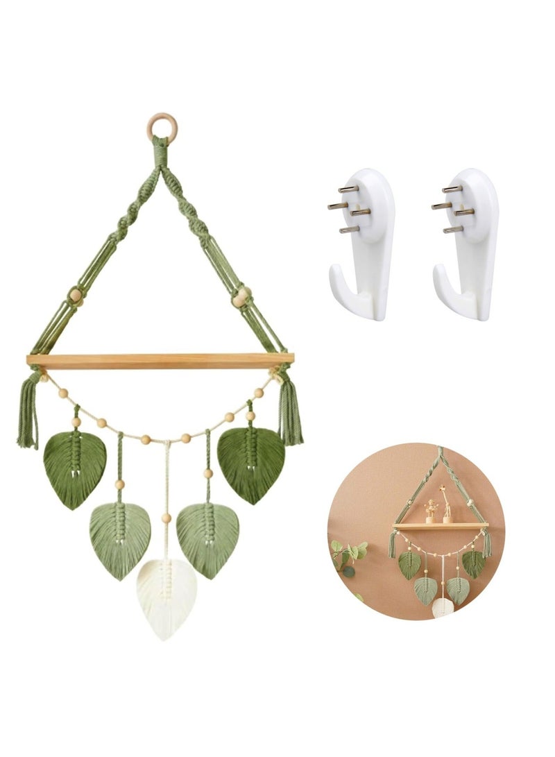 كابتن تيك رف معلق على الحائط من Macrame، رف تخزين عائم من الخشب، شماعة نباتية لتزيين الحائط من أوراق الشجر المنسوجة من Boho، رف كتب Boho، لغرفة النوم وغرفة المعيشة وغرفة الأطفال - Image 1