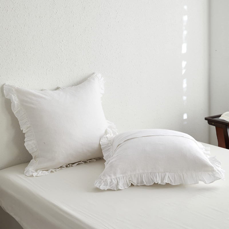 King Linens King Linens 100% French Linen Euro Shams with Ruffles - Set of 2 - Washed Solid Color Natural Flax Soft Breathable Pillow Covers - White  26'' x 26'' 