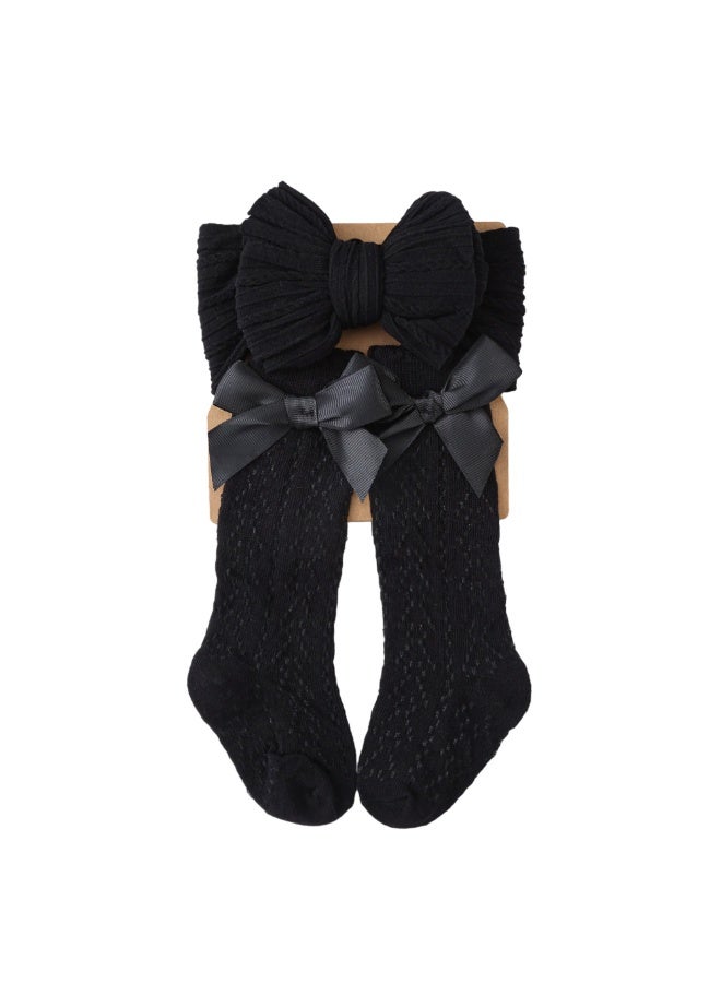 Cozy Cable-Knit Bow Headband & Knee-High Sock Set Black