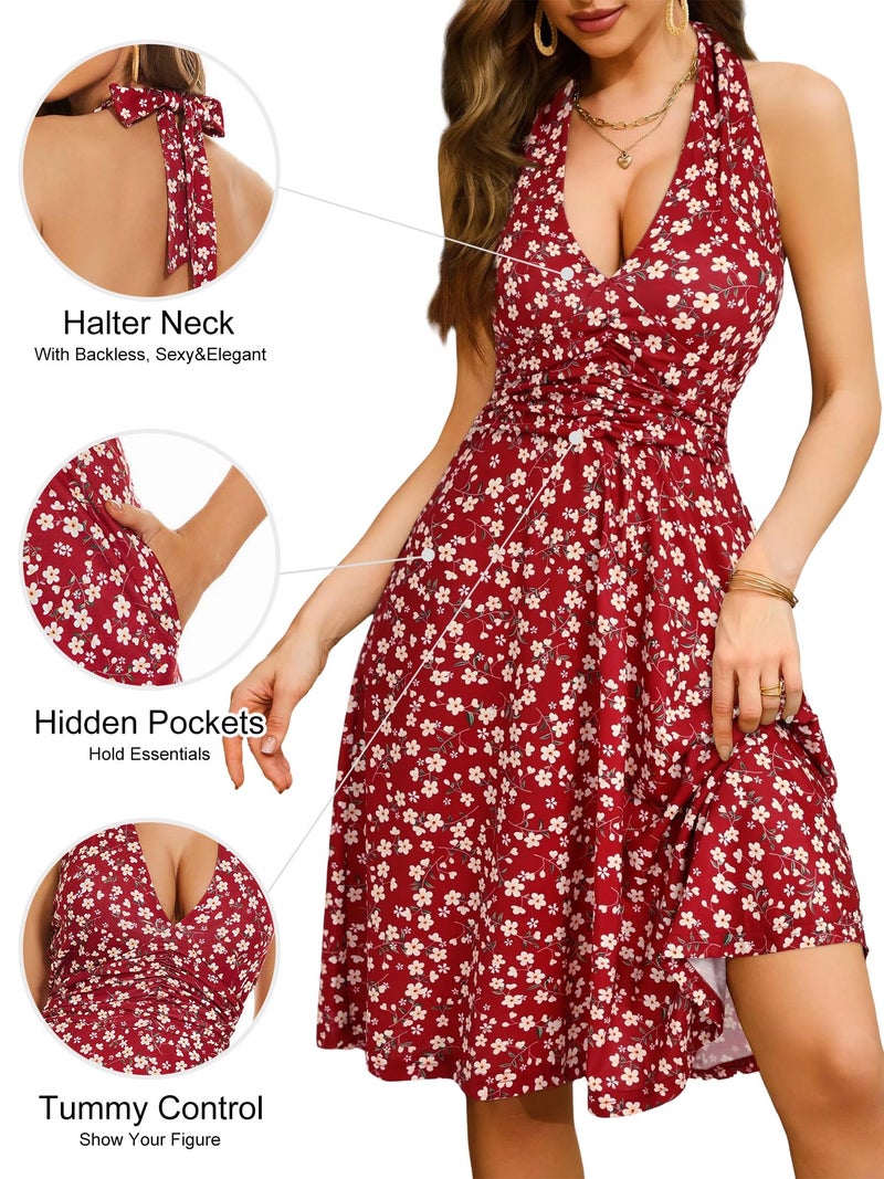 HUHOT Red Dress for Women Plus Size Sexy Summer Floral Dress 2026 Halter Petite Sundresses for Curvy Women Casual Cruise Spring Boho Wedding Guest Dresses Beach Dresses - Image 4