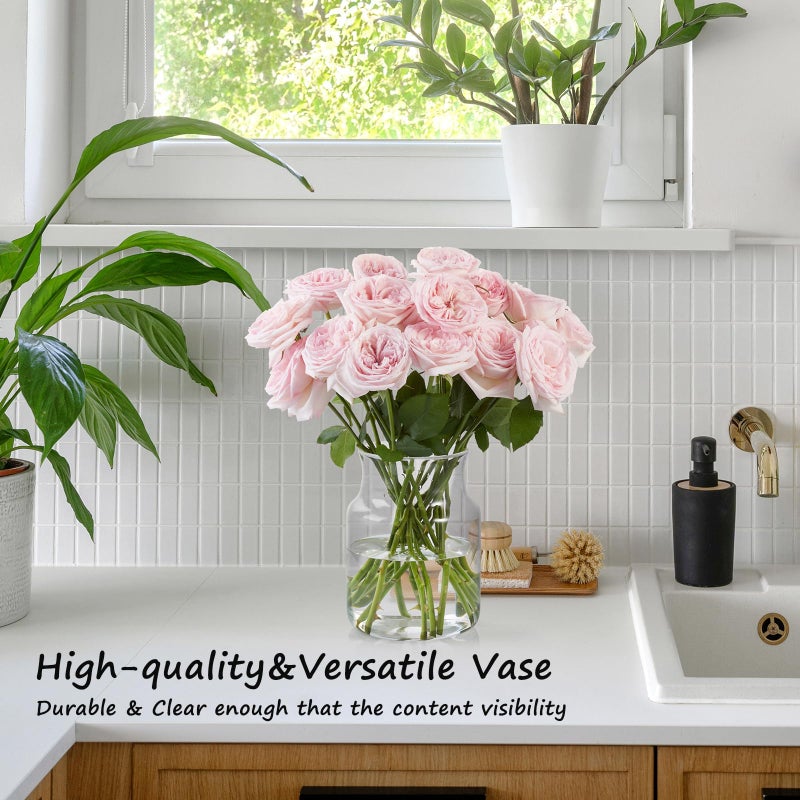 BWODYAY Clear Glass Vase, Large Flower Vase, 8-inch Glass Flower Vase for Plants, Wide Mouth Vase for Home, Wedding, Living Room, Dining Table - Image 2