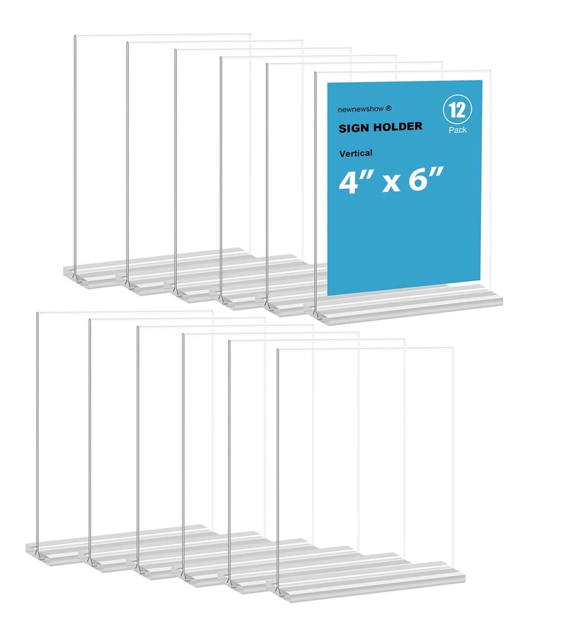 newnewshow 4x6 Inch Clear Acrylic Sign Holder, Display Stand, Plastic Card Holder for Business, Office, Retail (4x6 Inch 12 Pack) - Image 1
