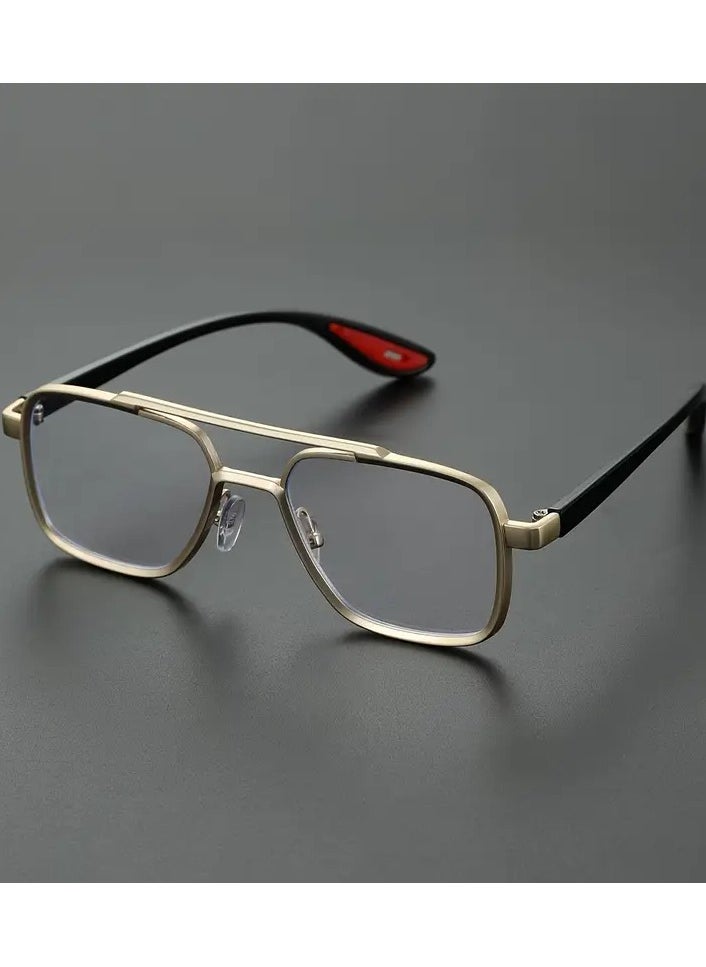 Retro Men's Double Bridge Fashion Clear Glasses - Vintage Casual Style, Gold Frame with Red Accents, Full Rim PC Lenses, Ideal for Daily Wear  - Image 1