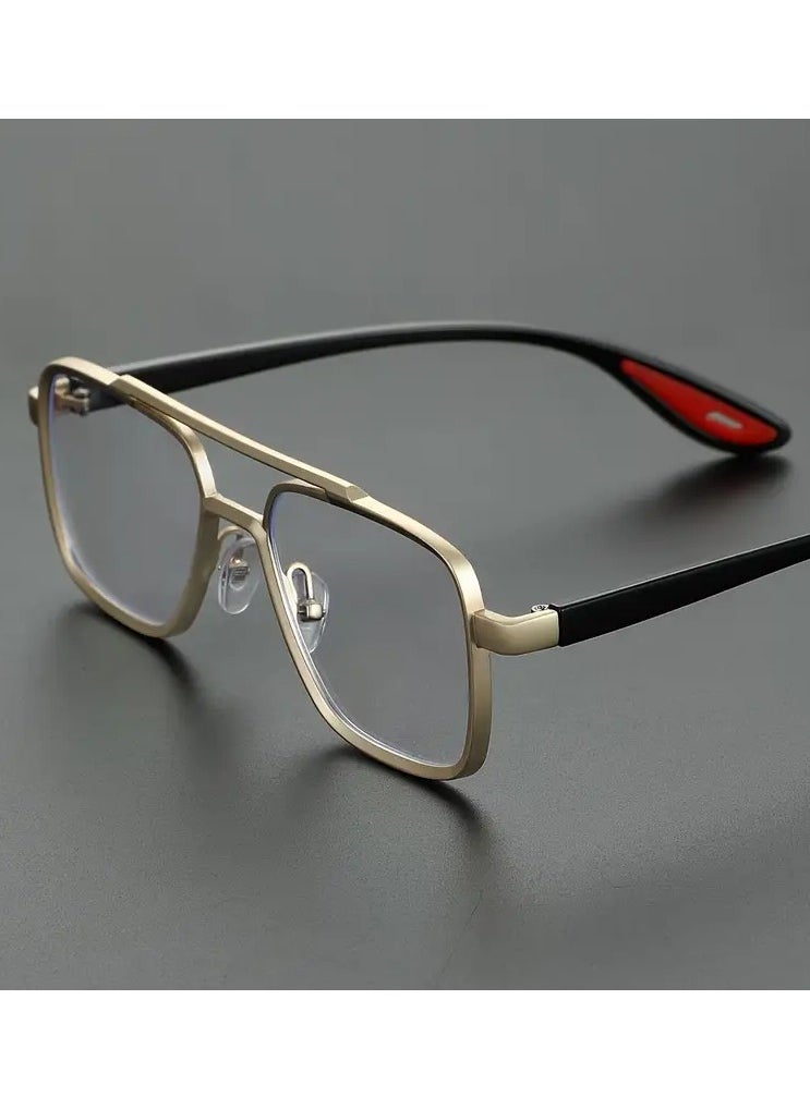 Retro Men's Double Bridge Fashion Clear Glasses - Vintage Casual Style, Gold Frame with Red Accents, Full Rim PC Lenses, Ideal for Daily Wear  - Image 2