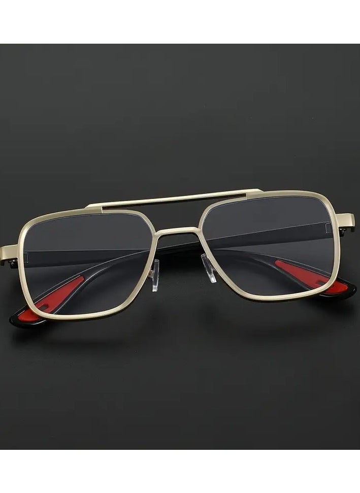 Retro Men's Double Bridge Fashion Clear Glasses - Vintage Casual Style, Gold Frame with Red Accents, Full Rim PC Lenses, Ideal for Daily Wear  - Image 4