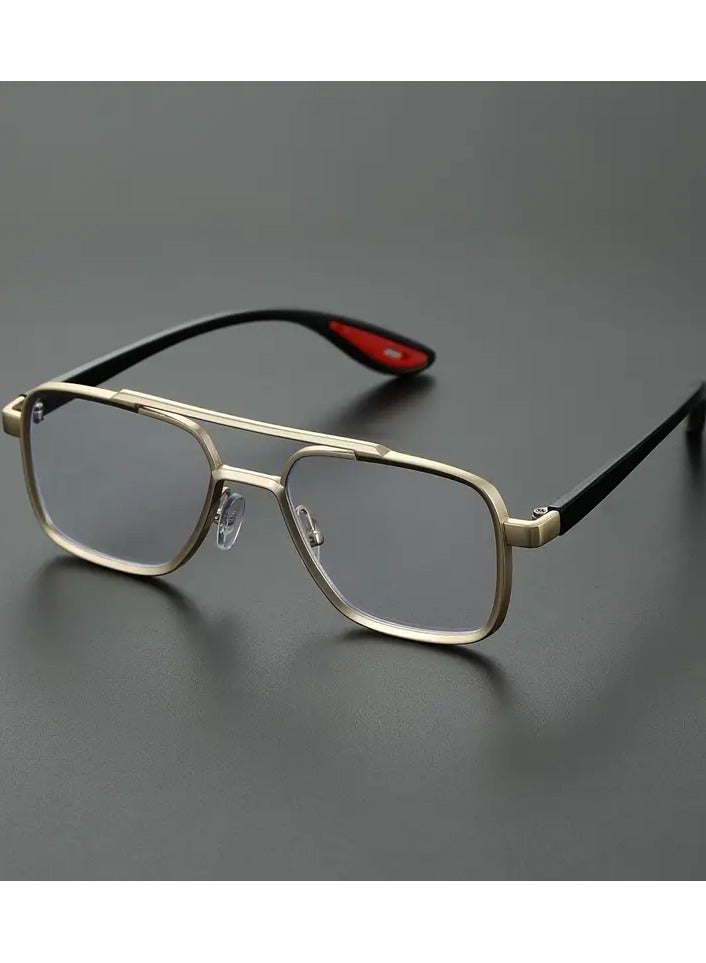 Retro Men's Double Bridge Fashion Clear Glasses - Vintage Casual Style, Gold Frame with Red Accents, Full Rim PC Lenses, Ideal for Daily Wear - Image 2