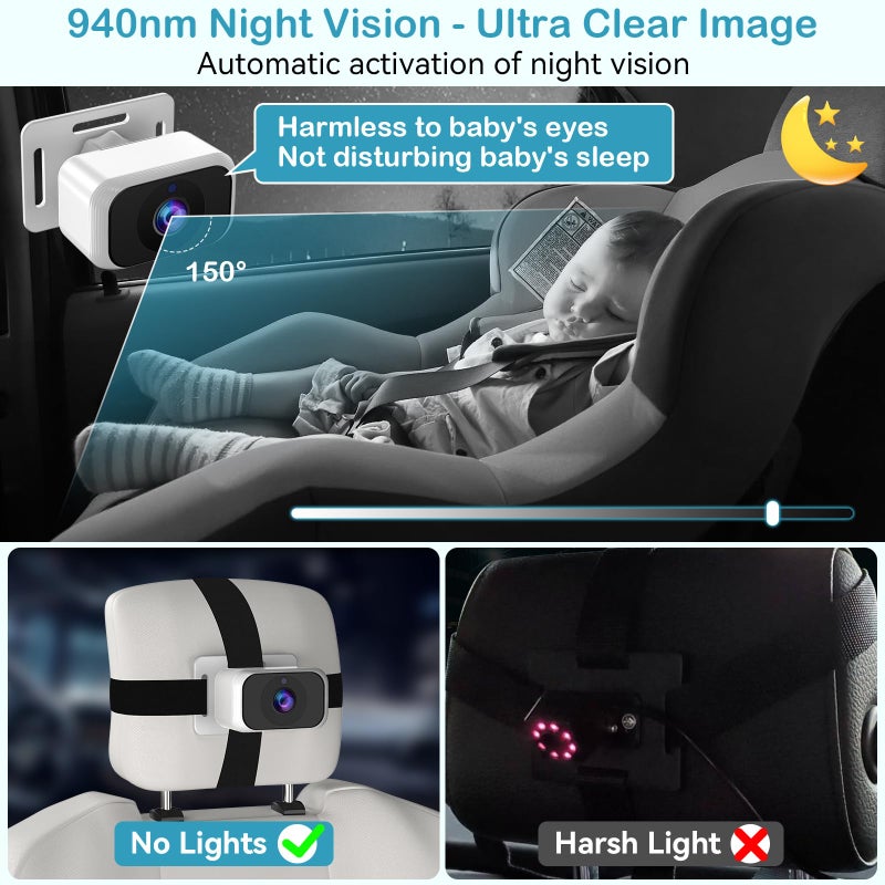 pemacom Baby Car Camera for 2-Kids: 7 Inch IPS Display with Dual Carseat Cameras, Split Screen, Night Vision, HD 1080P - USB Powered Easy Install Rear Facing Backseat Camera for Twins - Image 3
