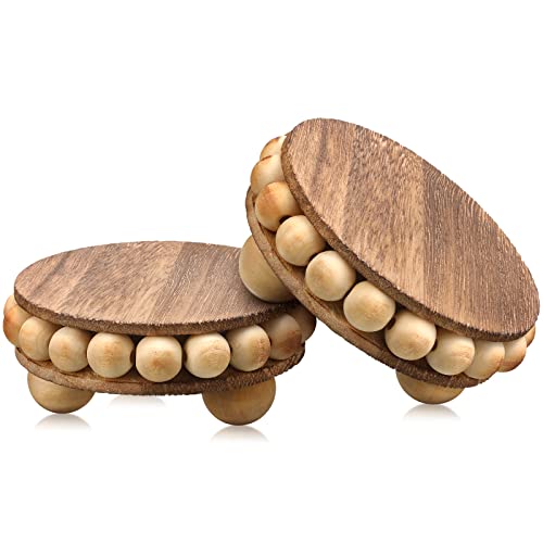 Yookeer Yookeer 2 Pcs Wooden Risers for Displays Round Wood Riser Distressed Wood Risers Farmhouse Pedestal Display Stand Rustic Pedestal Stand Beaded Decor for Tiered Trays Home394 InchBrown 