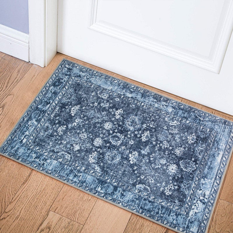 MUJOO Machine Washable Rugs 2x3  Small Area Rugs Non Slip Boho for Entryway Kitchen Bathroom Bedroom Vintage Soft LowPile Navy Blue Area Rug