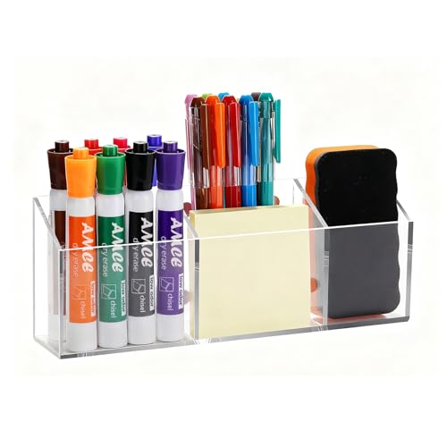 Ameceres Magnetic Pen Holder Classroom Organization Acrylic Marker Holder for Whiteboard Refrigerator Locker Accessories Pencil Dry Erase Marker Basket 3 Compartments 1 - Image 1