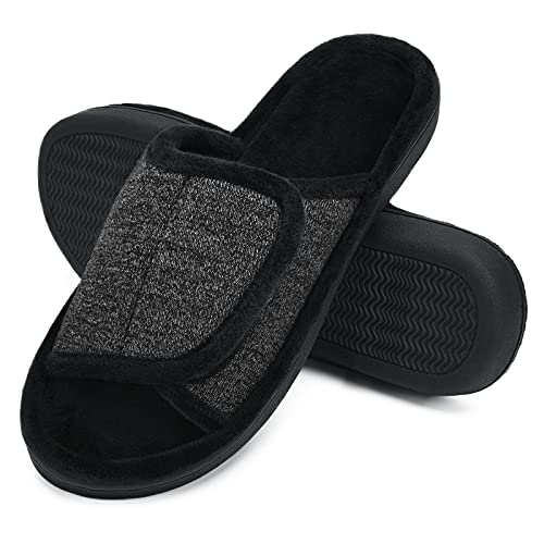 DL Adjustable Men's Slippers - Memory Foam, Open Toe, Comfy Indoor/Outdoor, Cozy Breathable Slide, Bedroom Velcor Slippers Size 7-8 Dark Grey Black - Image 1