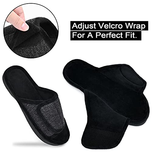 DL Adjustable Men's Slippers - Memory Foam, Open Toe, Comfy Indoor/Outdoor, Cozy Breathable Slide, Bedroom Velcor Slippers Size 7-8 Dark Grey Black - Image 3