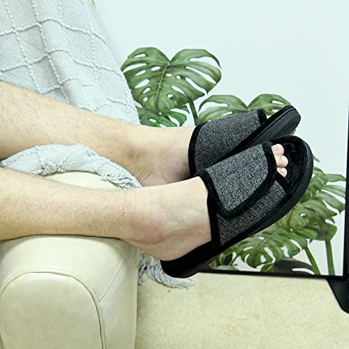DL Adjustable Men's Slippers - Memory Foam, Open Toe, Comfy Indoor/Outdoor, Cozy Breathable Slide, Bedroom Velcor Slippers Size 7-8 Dark Grey Black - Image 2
