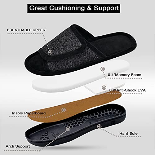 DL Adjustable Men's Slippers - Memory Foam, Open Toe, Comfy Indoor/Outdoor, Cozy Breathable Slide, Bedroom Velcor Slippers Size 7-8 Dark Grey Black - Image 4