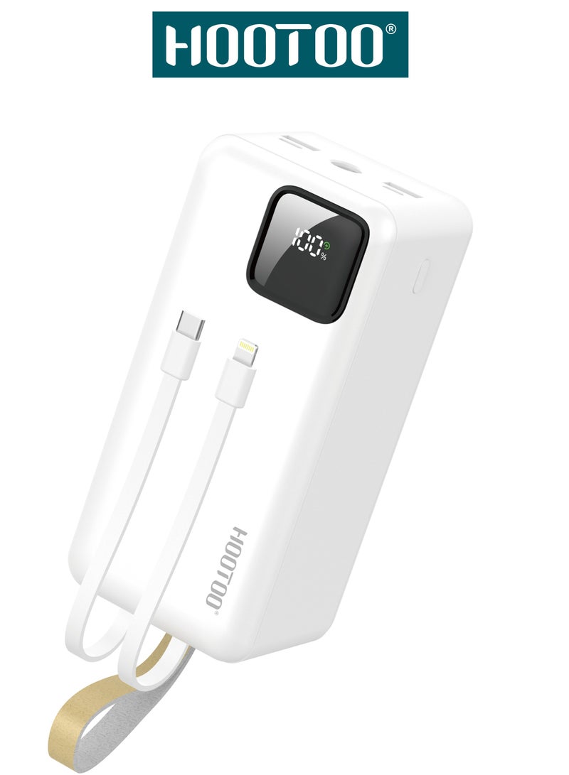 هوتو باور بنك بسعة 50000mAh بثلاث مخارج أثنان من النوع USB-A ومخرج من النوع USB-C ومدخل شحن مايكرو ,كبلان مدمجان ,شاشة عرض رقمية ,دعم لشحن السريع بقوة 22.5 واط مع أضاء فلاش LED ,وحزام مدمج لحمله. أبيض - Image 1
