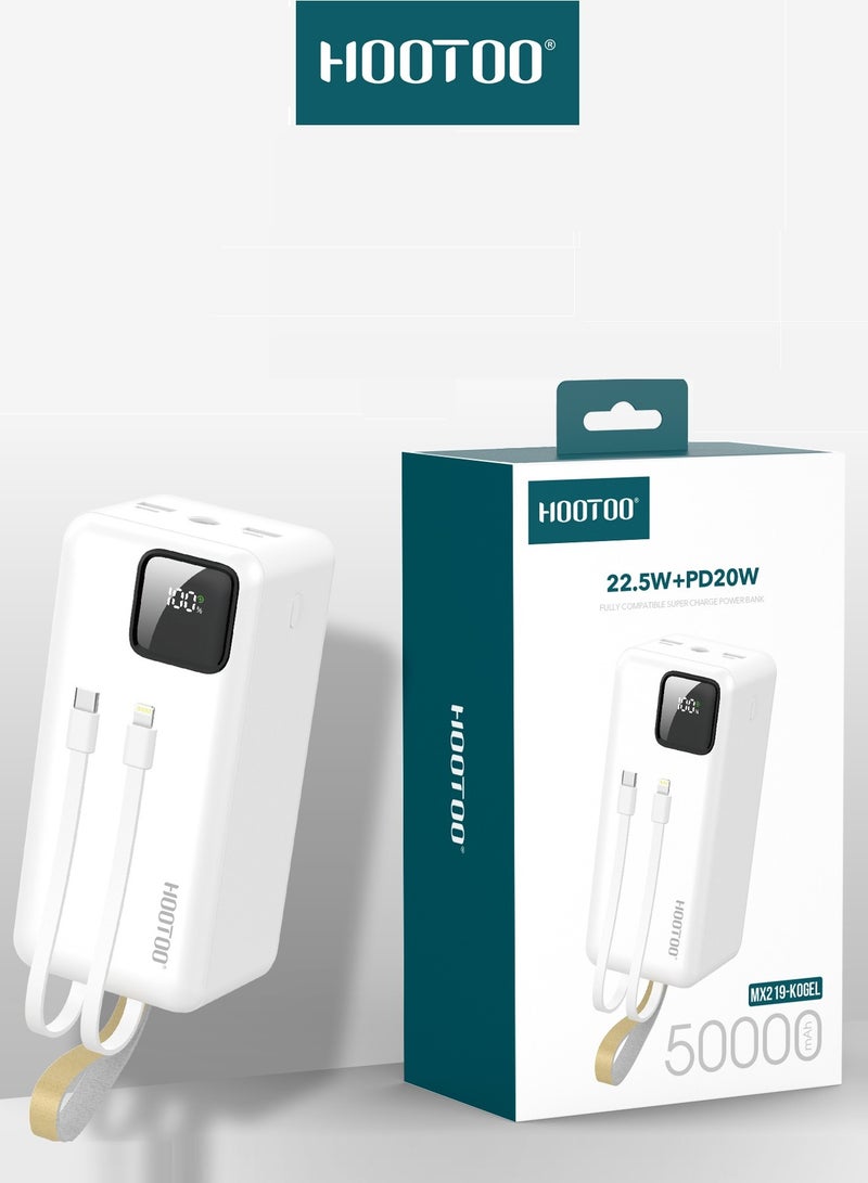 هوتو باور بنك بسعة 50000mAh بثلاث مخارج أثنان من النوع USB-A ومخرج من النوع USB-C ومدخل شحن مايكرو ,كبلان مدمجان ,شاشة عرض رقمية ,دعم لشحن السريع بقوة 22.5 واط مع أضاء فلاش LED ,وحزام مدمج لحمله. أبيض - Image 2