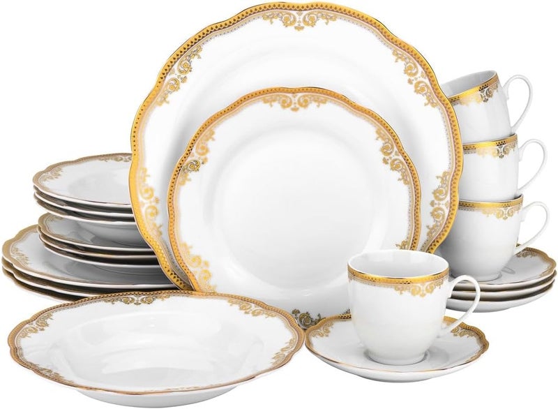 Stylish and Elegant 24 Piece Fine Wavy Edge Porcelain Dinnerware Set for Hosting Parties and Events  Service for 4 White Catherine Design - Image 1