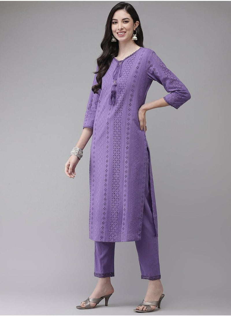 ISHIN Lavender Kurta Set Straight Fit 3/4 Sleeve Sleeve made from Cotton featuring Self Design design and Round Neck neckline - Perfect for Ethinic!  - Image 5