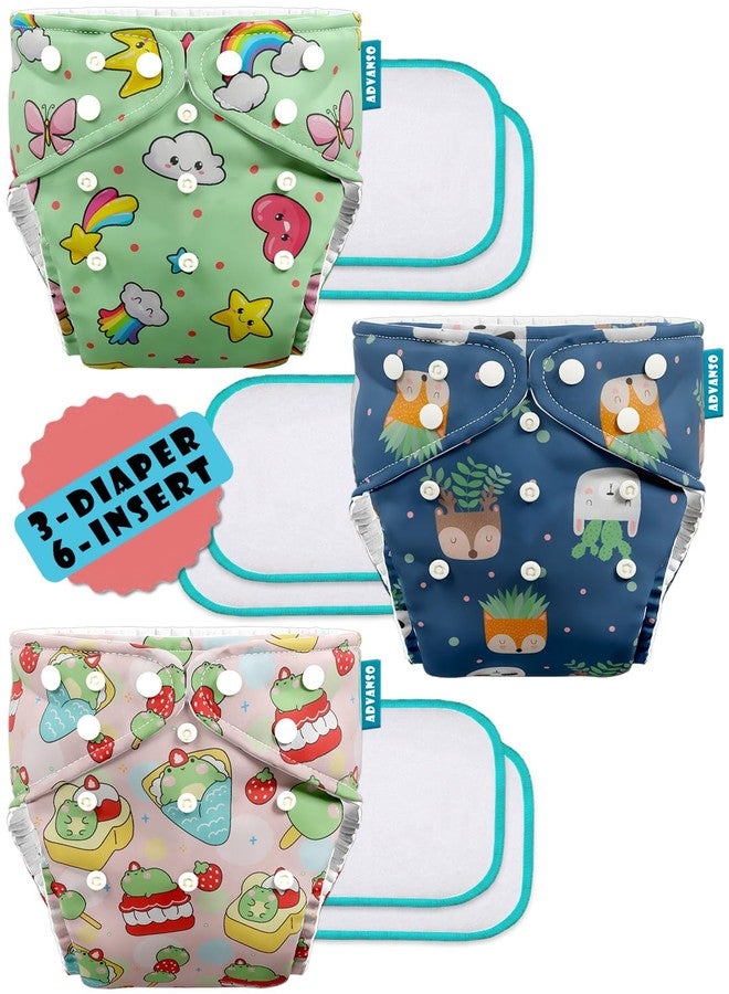 Advanso Leakage Proof cloth diapers for babies, high absorbent 3 reusable diaper 6 insert pad combo pack washable cloth diaper free size 5-18kg adjustable pocket cover P73 - Image 1