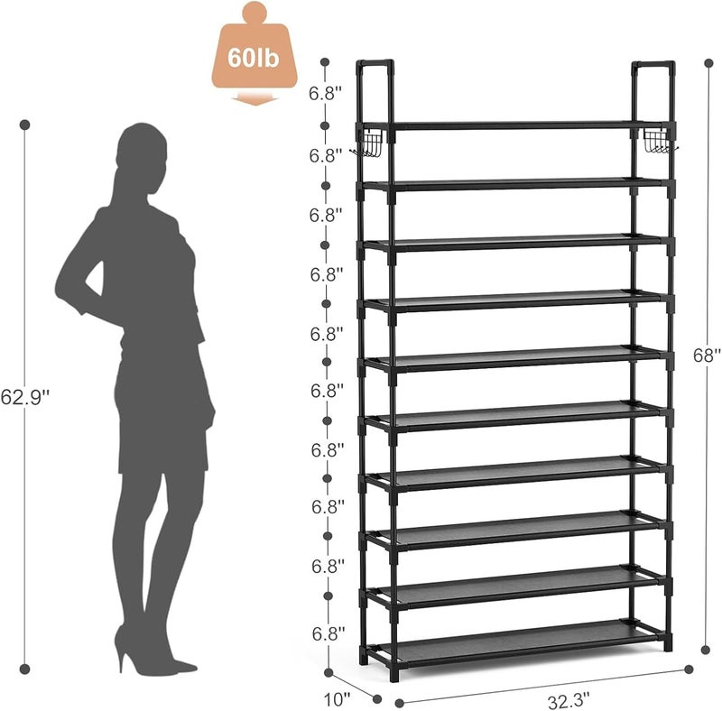 VTRIN 10 Tier Shoe Rack Tall Large Capacity 50 Pair Wide Shoe Organizer with Two Hooks Sturdy Metal Shoe Shelf for Entryway, Closet, Bedroom - Image 3