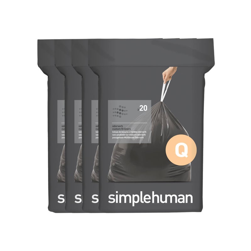 simplehuman سيمبلهومن كود Q 80 عدد، بطانات أودورسورب الأصلية ذات المقاس المخصص، أكياس قمامة برباط لامتصاص الروائح في عبوات موزعة، 50-65 لتر / 13-17 جالون - Image 1