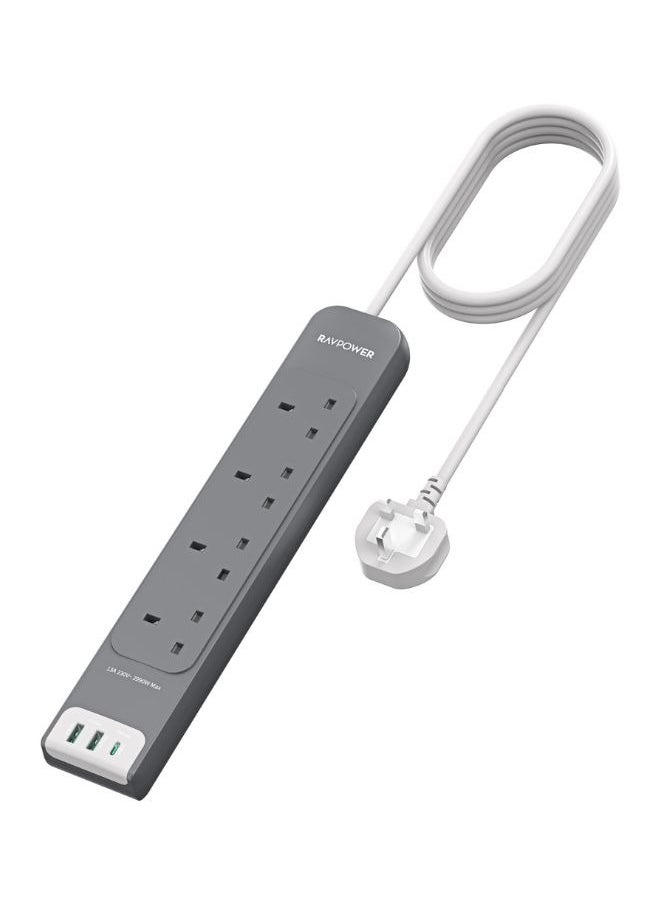 RAVPOWER - RAVPower 30W 7-in-1 Power Strip with 3M Extension Cord, 4 AC Outlets + 3 USB-A + USB-C PD, Surge Protector, Multi-Device Charging Station for Home, Office, Travel - Image 1