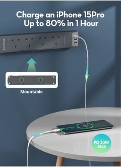 RAVPOWER RAVPower 30W 7-in-1 Power Strip with 3M Extension Cord, 4 AC Outlets + 3 USB-A + USB-C PD, Surge Protector, Multi-Device Charging Station for Home, Office, Travel  - Image 4