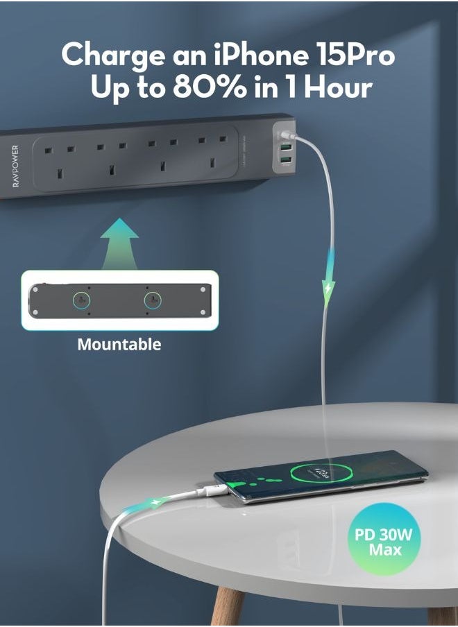 RAVPOWER - RAVPower 30W 7-in-1 Power Strip with 3M Extension Cord, 4 AC Outlets + 3 USB-A + USB-C PD, Surge Protector, Multi-Device Charging Station for Home, Office, Travel - Image 1
