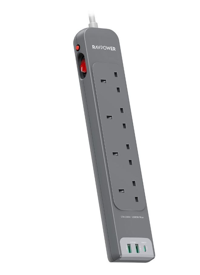 RAVPOWER - RAVPower 30W 7-in-1 Power Strip with 3M Extension Cord, 4 AC Outlets + 3 USB-A + USB-C PD, Surge Protector, Multi-Device Charging Station for Home, Office, Travel - Image 1