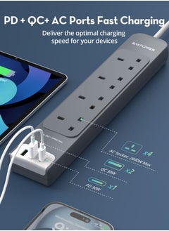 RAVPOWER RAVPower 30W 7-in-1 Power Strip with 3M Extension Cord, 4 AC Outlets + 3 USB-A + USB-C PD, Surge Protector, Multi-Device Charging Station for Home, Office, Travel  - Image 3