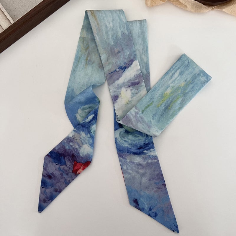 Generic High-grade oil painting small silk scarf hair band womens national style thin narrow long hair band tie hair ribbon tie bag silk scarf headdress 2# light blue water lily 
