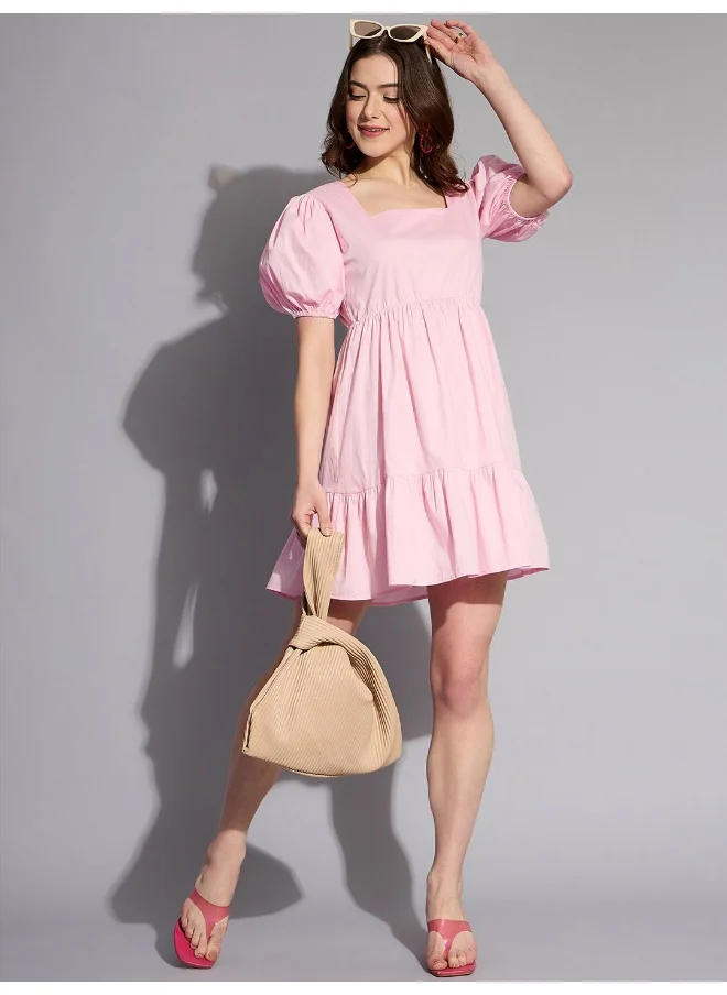 مرفوعة Women Casual Regular Solid Tiered Square Neck Babydoll Dress