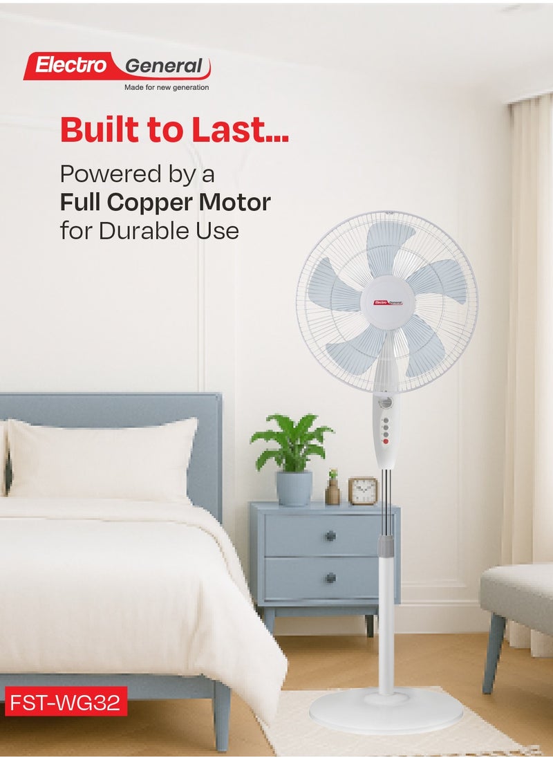 Electro General - Stand fan with Modern Design - 16-Inch (40cm) Size - Full Copper Motor - Five AS Blades - 3 Speed Settings - 7.5-Hour Timer - Adjustable Height 1.2-1.3m - Round Base - Without Remote Control - Image 1