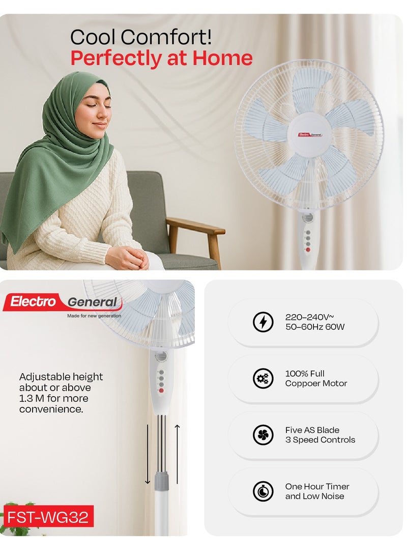 Electro General - Stand fan with Modern Design - 16-Inch (40cm) Size - Full Copper Motor - Five AS Blades - 3 Speed Settings - 7.5-Hour Timer - Adjustable Height 1.2-1.3m - Round Base - Without Remote Control - Image 1