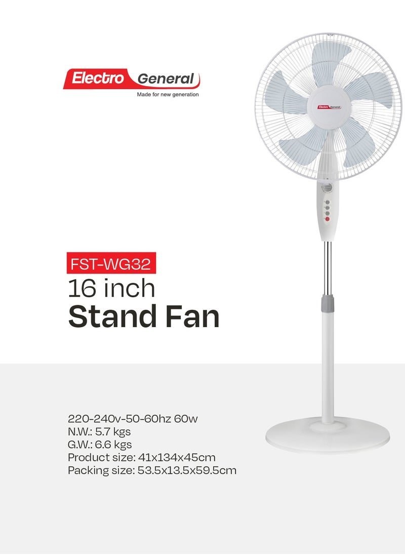Electro General - Stand fan with Modern Design - 16-Inch (40cm) Size - Full Copper Motor - Five AS Blades - 3 Speed Settings - 7.5-Hour Timer - Adjustable Height 1.2-1.3m - Round Base - Without Remote Control - Image 1