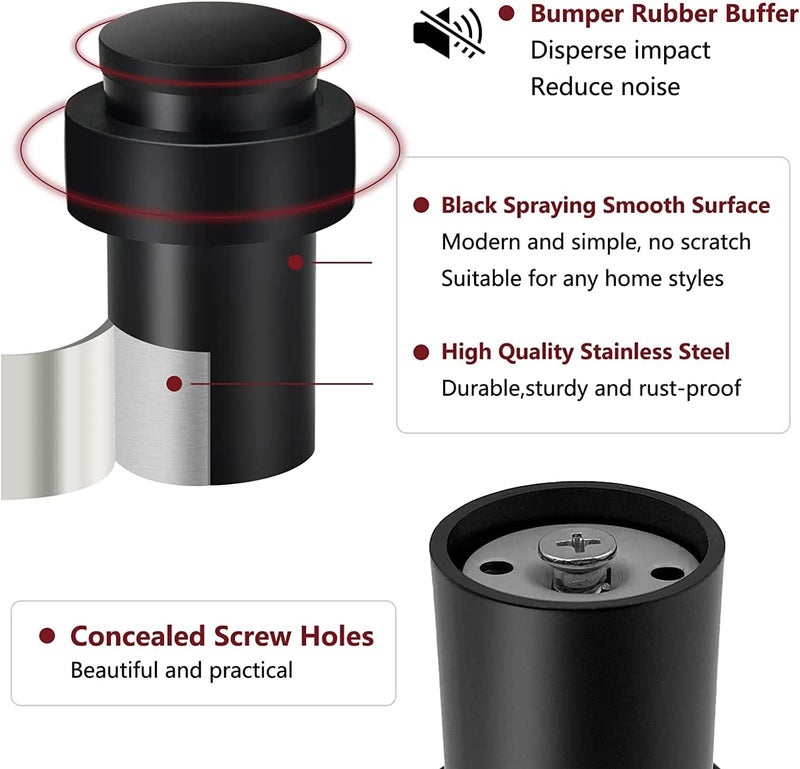 KOLAKO Door Stoppers, Floor Door Stops, (2 Inch) Black Matte Modern Heavy Duty Solid Small Cylindrical Doorstop Rubber Bumper, Stainless Steel, Floor Mounted Door Stop - Image 3