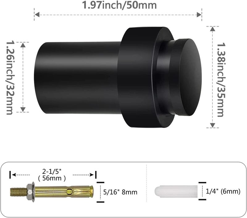 KOLAKO Door Stoppers, Floor Door Stops, (2 Inch) Black Matte Modern Heavy Duty Solid Small Cylindrical Doorstop Rubber Bumper, Stainless Steel, Floor Mounted Door Stop - Image 4