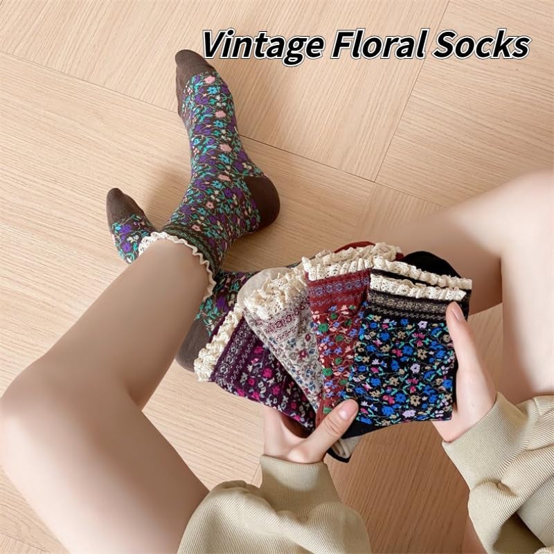 FORJMMP Vintage Style Embroidered Floral Socks for Women Girls with Lace Trims, Spring and Fall Cotton Crew Socks (5 Pairs-Set B) - Image 2