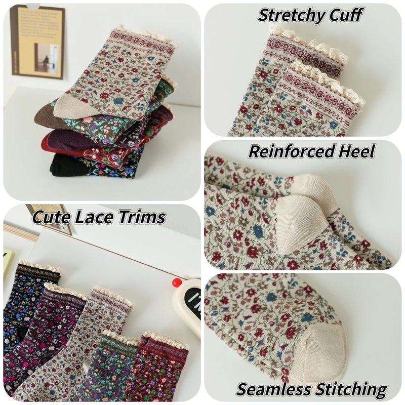 FORJMMP Vintage Style Embroidered Floral Socks for Women Girls with Lace Trims, Spring and Fall Cotton Crew Socks (5 Pairs-Set B) - Image 5