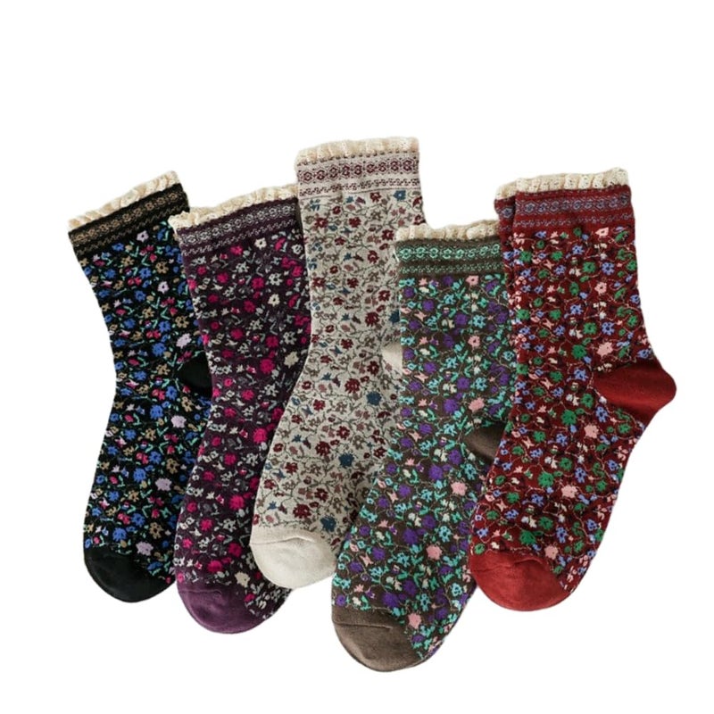 FORJMMP Vintage Style Embroidered Floral Socks for Women Girls with Lace Trims, Spring and Fall Cotton Crew Socks (5 Pairs-Set B) - Image 1