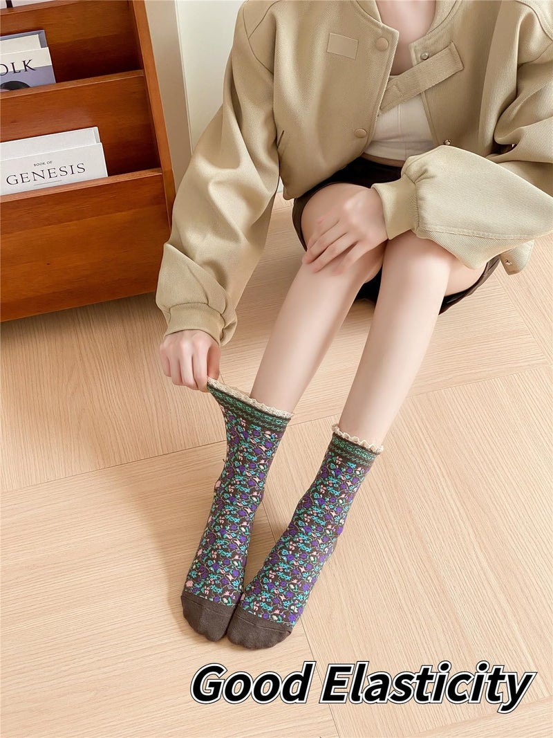 FORJMMP Vintage Style Embroidered Floral Socks for Women Girls with Lace Trims, Spring and Fall Cotton Crew Socks (5 Pairs-Set B) - Image 4