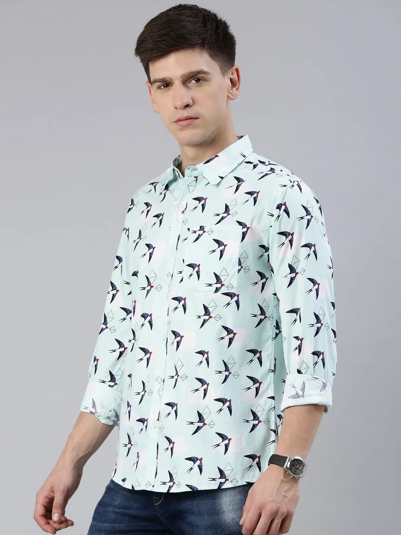 جوفن قميص قطني مطبوع أزرق فاتح للرجال